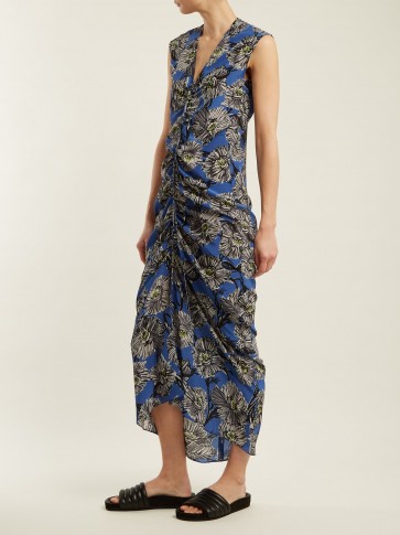 RAEY Ruched-front giant floral-print silk dress ~ long blue gathered dresses