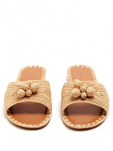 CARRIE FORBES Salma raffia slides ~ beige pom pom flats