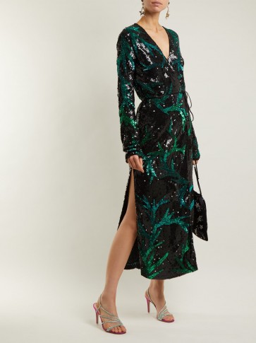 ATTICO Black and Green Sequin-embellished wrap dress ~ effortless glamour ~ shimmering side split evening dresses ~
