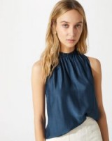 JIGSAW SILK FRONT DRAWSTRING NECK TOP BLUE STEEL / sleeveless gathered neckline tops