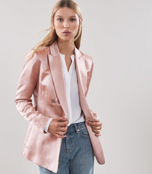 REISS SOLENE JACKET METALLIC DOUBLE-BREASTED JACKET PINK APRICOT ~ luxe jackets