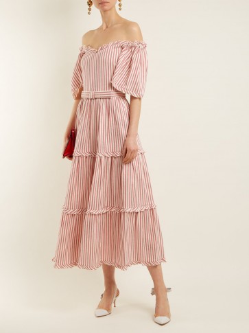 LUISA BECCARIA Striped off-the-shoulder tiered linen-blend dress ~ pink candy-stripe bardot dresses