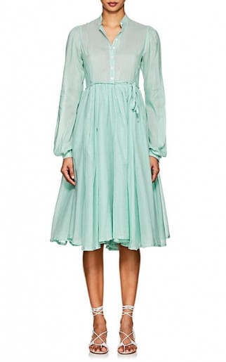 THIERRY COLSON Shanagar Mint-Green Pinstriped Cotton-Silk Wrap Dress ~ long sleeved gathered waist dresses
