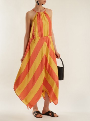 APIECE APART Timia striped halterneck dress ~ yellow and orange bold striped summer dresses ~ gathered halter style