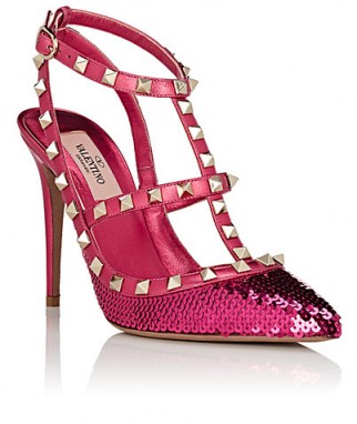 VALENTINO GARAVANI Rockstud Sequined Leather Ankle-Strap Pumps ~ metallic-pink strappy shoes