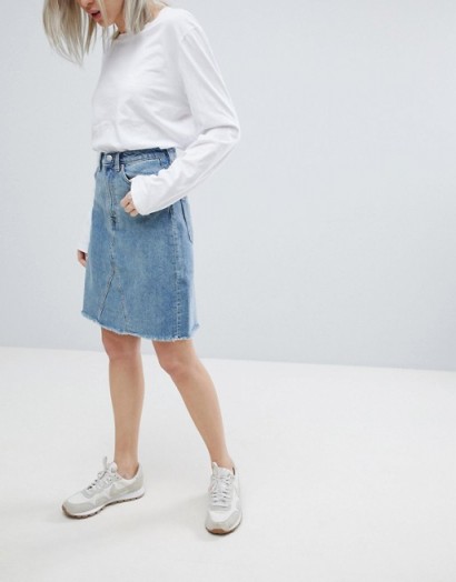 Weekday Decon Knee Length Denim Skirt with Raw Hem | frayed skirts