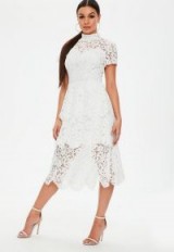 Missguided white lace midi skater dress – semi sheer high neck dresses