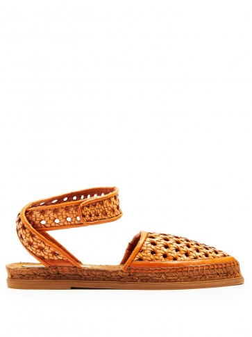 STELLA MCCARTNEY Woven-wicker espadrille sandals ~ tan-brown ankle strap flats