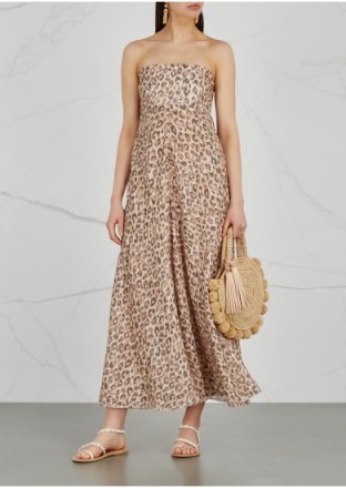 ZIMMERMANN Melody leopard-print linen dress ~ strapless animal print dresses ~ vacation glamour