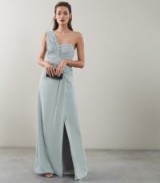 Reiss ABIGAIL ONE-SHOULDER PLEAT-DETAIL MAXI DRESS NEW SAGE | stunning summer evening event wear