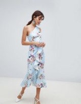 ASOS DESIGN one shoulder midi dress in blue stripe floral print ~ ruffled party wear