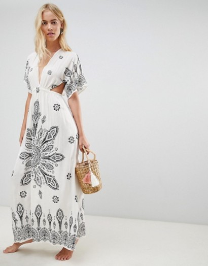 ASOS DESIGN Placement Bandana Print Kimono Plunge Maxi Beach Dress | deep-V neckline beachwear