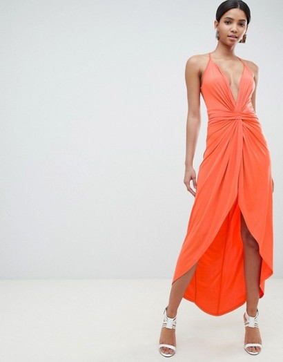 ASOS DESIGN slinky twist maxi dress in Orange | deep V front