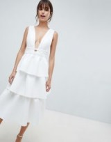 ASOS DESIGN Tiered Prom Midi Dress in Ivory ~ plunge front party fashion