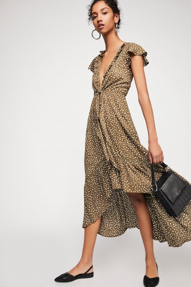 KIVARI Capri Tie-Up Midi Dress Olive Spot | floaty plunge front frill hem dresses | summer style