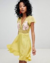 Cleobella Ruffle Mini Dress with Floral Embroidery in Chartreuse | vintage style summer fashion