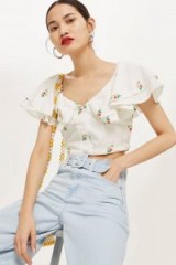 TOPSHOP Embroidered Frill Bardot Top / floral embroidery crop tops