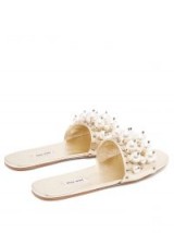 MIU MIU Faux-pearl embellished leather slides ~ metallic-gold flats