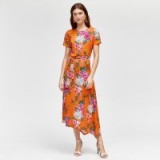 WAREHOUSE FLORAL PRINT MIDI DRESS ORANGE / asymmetric hemlines