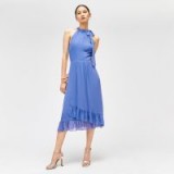 WAREHOUSE HALTER MIDI DRESS BRIGHT BLUE / summer party fashion / frill hem / halterneck