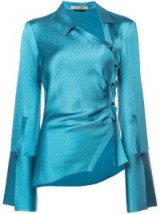 HELLESSY Turquoise silk wrap blouse / glossy fabrics / asymmetric in design