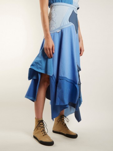 LOEWE Patchwork asymmetrical-hem skirt ~ tonal-blue patchwork style skirts