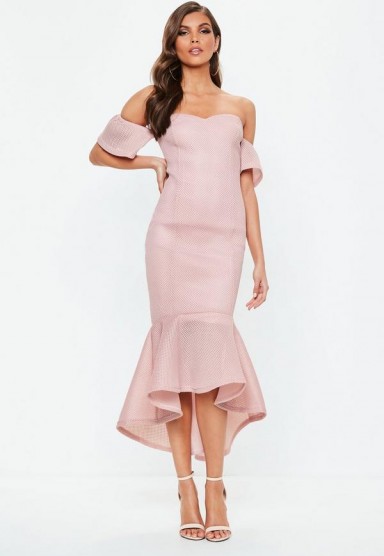 missguided pink bardot bodycon midi dress – frill hem – vintage style party glamour