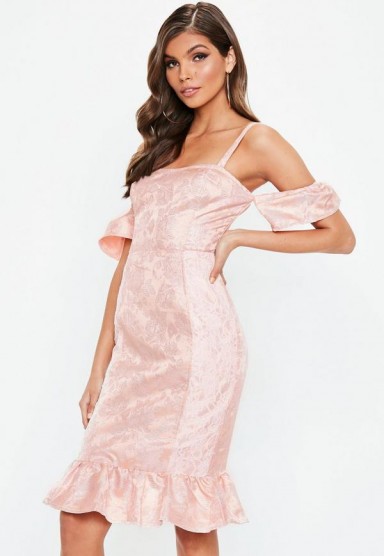 missguided pink frill peplum lace detail midi dress