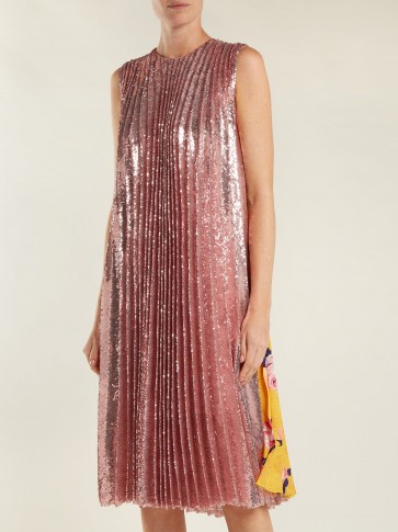 MSGM Pleated sequin & floral-print dress ~ metallic-pink and yellow