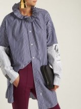 BALENCIAGA Ruffle-neck newsprint-panelled cotton blouse ~ oversized striped shirts