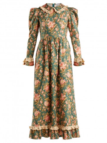 BATSHEVA Ruffle-trimmed green floral-print cotton dress ~ vintage prairie style clothing