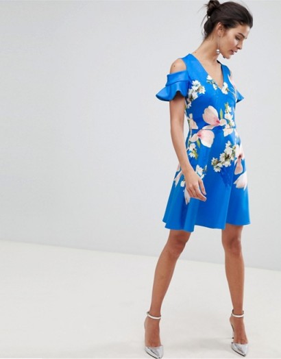 Ted Baker cold shoulder skater dress in harmony floral in bright blue