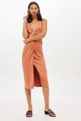 Topshop Twist Front Midi Slip Dress in Camel | cami straps