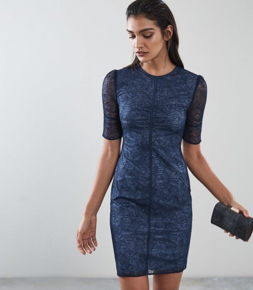 REISS WILLO LACE BODYCON DRESS NAVY ~ feminine fitted dresses