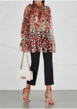 ALEXANDER MCQUEEN Printed open-shoulder chiffon blouse ~ sheer romantic ruffled top ~ metallic threads