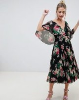 ASOS DESIGN flutter sleeve pleated midi dress in dark floral / summer occasion