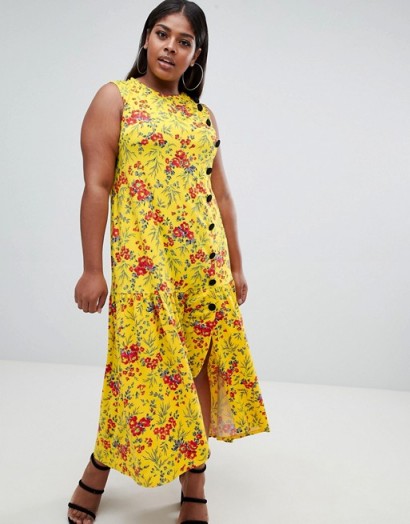 ASOS DESIGN Curve maxi tea dress with dropped hem and contrast buttons in floral print / long yellow summer frocks