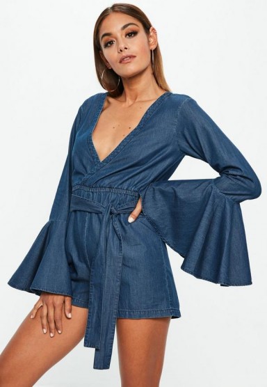 Missguided blue dark wash denim tie waist playsuit | plunge front fashion