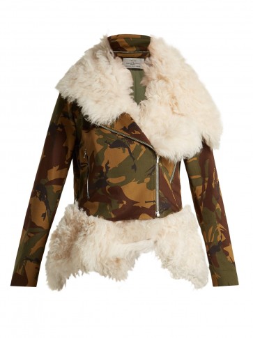 PREEN BY THORNTON BREGAZZI Camouflage-print shearling biker jacket ~ camo outerwear ~ detachable trim