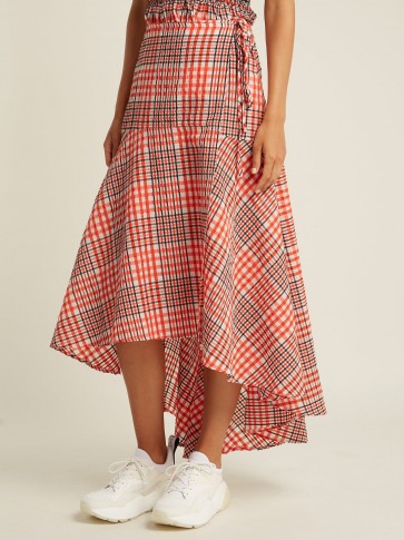 GANNI Charron red tartan cotton-blend seersucker skirt ~ summer style ~ high-low hemline