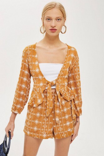 Topshop Crinkle Embroidered Top in mustard | vintage style prints