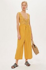 TOPSHOP Crochet Button Jumpsuit in Mustard / knitted florals