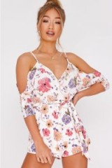 IN THE STYLE DAINIA WHITE FLORAL COLD SHOULDER PLAYSUIT – strappy summer romper