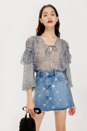 Topshop Diamante Polka Dot Denim Skirt | A-line | frayed hem