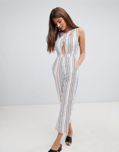 Fashion Union Cut Out Front Jumpsuit In White Stripe | summer fashion