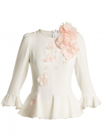 ANDREW GN Floral-appliqué crepe peplum top ~ white ruffle trimmed blouses