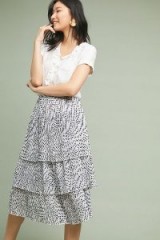 Kachel Helga Ruffle-Tiered Printed Skirt | white and black | polka dots