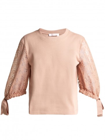 SEE BY CHLOÉ Lace-sleeve cotton top in dusky pink