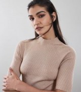 REISS LINA RIBBED HALF-SLEEVE TOP COPPER ROSE ~ chunky ribbed high neck knit