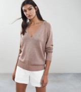 REISS LOTTIE METALLIC OVERSIZED V-NECK JUMPER COPPER ROSE ~ luxe style knitwear